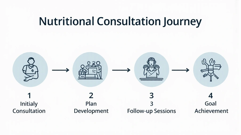 Infografica stilizzata che illustra le fasi del percorso di consulenza nutrizionale: 1. Primo Colloquio, 2. Elaborazione del Piano, 3. Incontri di Follow-up, 4. Raggiungimento degli Obiettivi. Design pulito e moderno con icone rappresentative per ogni fase.