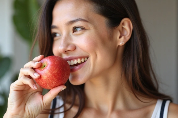 Una persona che sorride mentre mangia una mela fresca, simbolo di alimentazione sana e gioia.