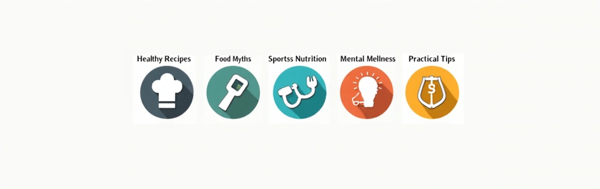 Disposizione di icone che rappresentano diverse categorie di articoli, come una forchetta per ricette, un punto interrogativo per miti, un bilanciere per sport.