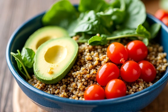 Primo piano di un'insalata colorata con quinoa, avocado e verdure fresche.