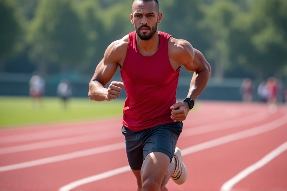 Un atleta che corre su una pista, con muscoli definiti e un'espressione di determinazione.