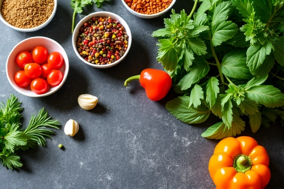 Un tavolo con vari ingredienti freschi per una ricetta, come erbe aromatiche, spezie e verdure.