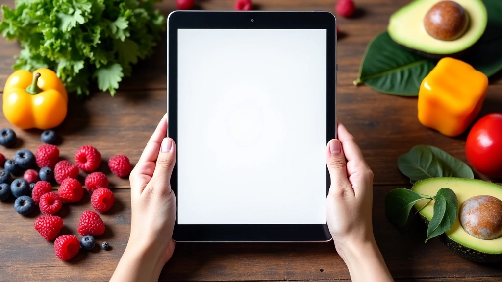 Una persona che legge un blog sul tablet, con cibo sano e verdure sparse sul tavolo.