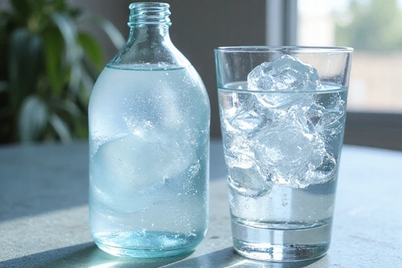 Una bottiglia d'acqua e un bicchiere con cubetti di ghiaccio, che suggeriscono idratazione.