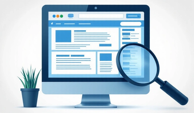 Una lente d'ingrandimento sopra una pagina di un blog, che simboleggia la ricerca di informazioni.