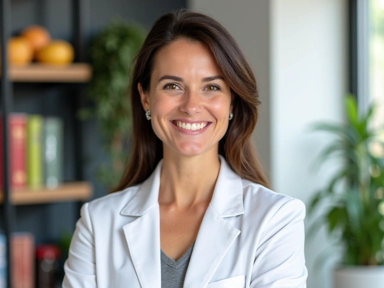 Nutrizionista sorridente in un ambiente professionale che illustra la sua storia e missione