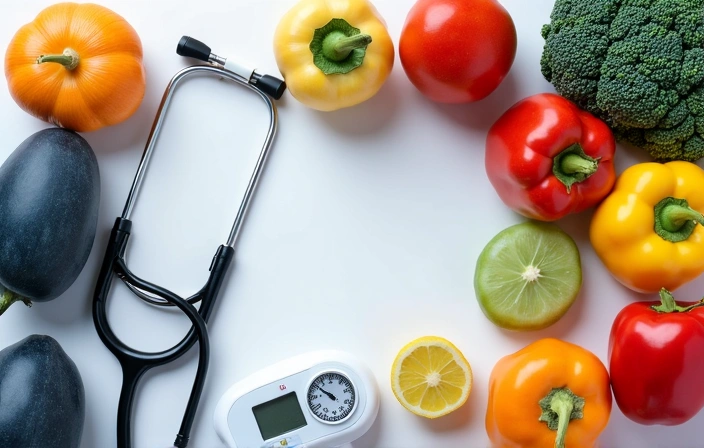 Vari strumenti medici e alimenti sani