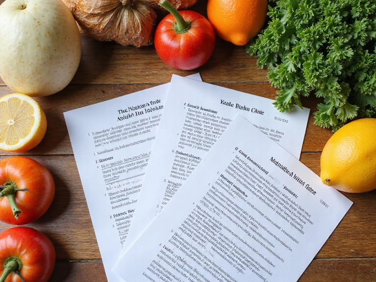 Un tavolo con libri di nutrizione, appunti scientifici e alimenti sani, che rappresentano un approccio basato sull'evidenza.