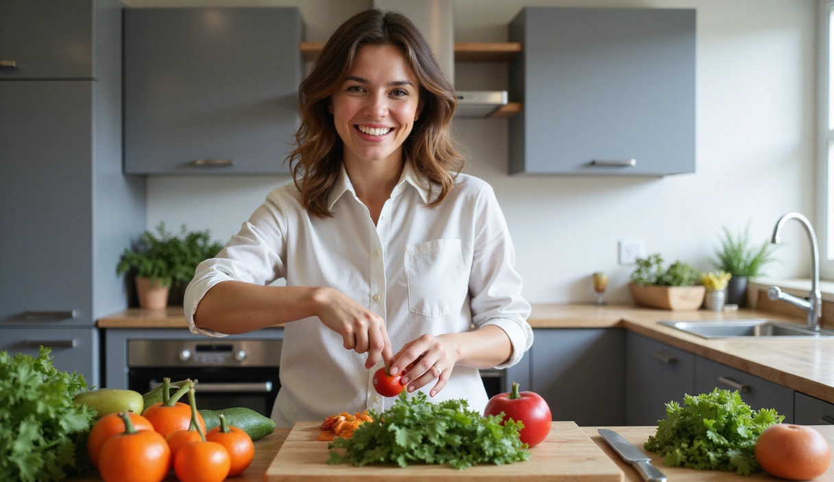 Una persona sorridente che prepara un pasto sano e colorato in una cucina moderna, con verdure fresche e utensili da cucina.