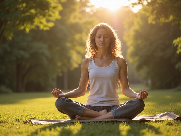 Una donna che medita o pratica yoga in un ambiente sereno, simboleggiando benessere olistico.