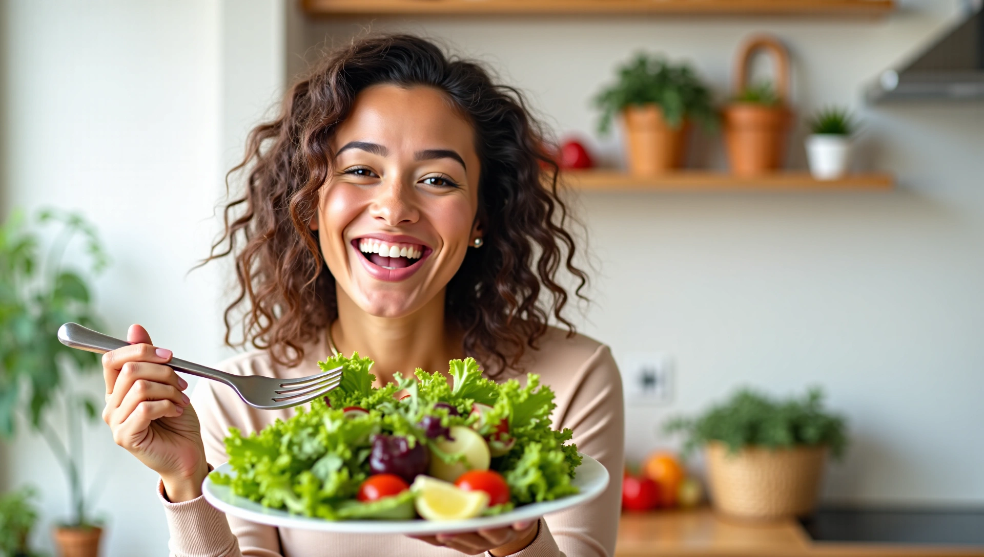 Una donna sorridente che mangia un'insalata fresca, simboleggiando la gioia della vita sana.