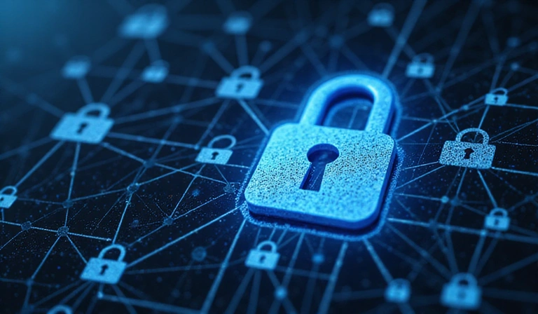 Illustrazione di un lucchetto digitale che protegge i dati, con firewall e crittografia