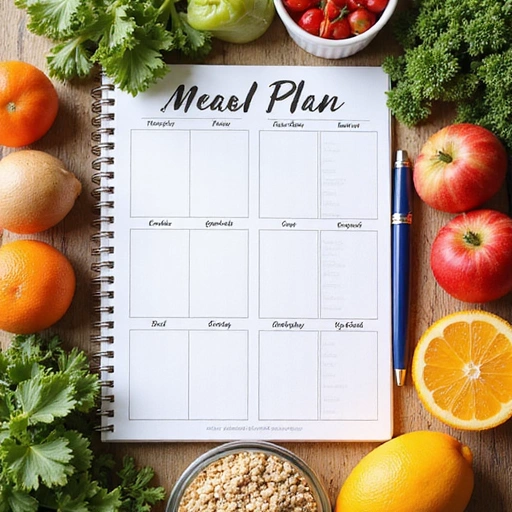 Composizione visivamente accattivante di un piano alimentare personalizzato con ingredienti sani come frutta, verdura e cereali integrali, affiancati da un taccuino e una penna che suggeriscono organizzazione e personalizzazione.